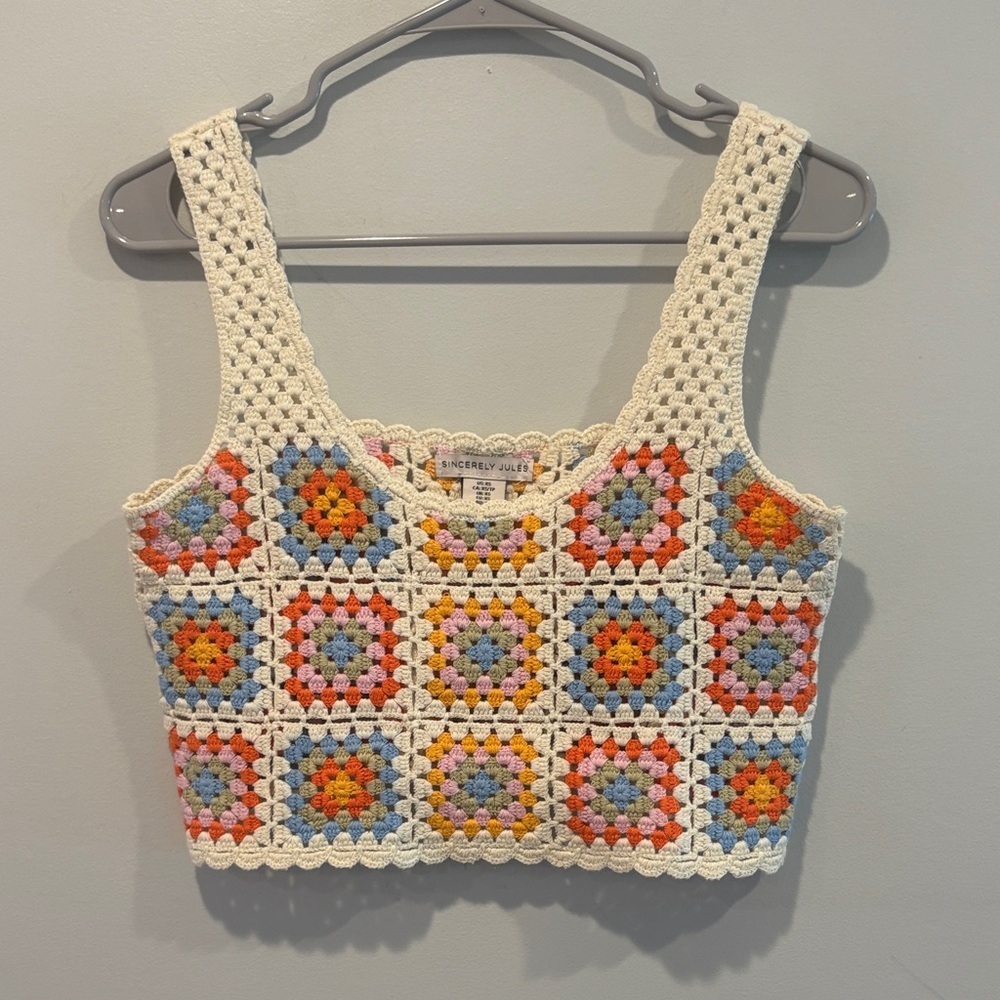 Sincerely Jules Colorful Crochet Crop Top 14 ptp unstretched. Can stretch